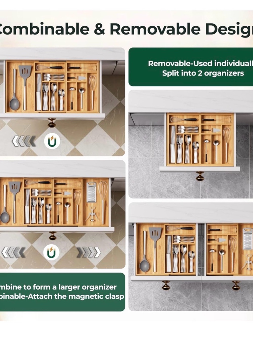 NWT Upassion Brand Bamboo Utensil Drawer Organizer Bamboo Magnetic Expandable - Picture 5 of 9
